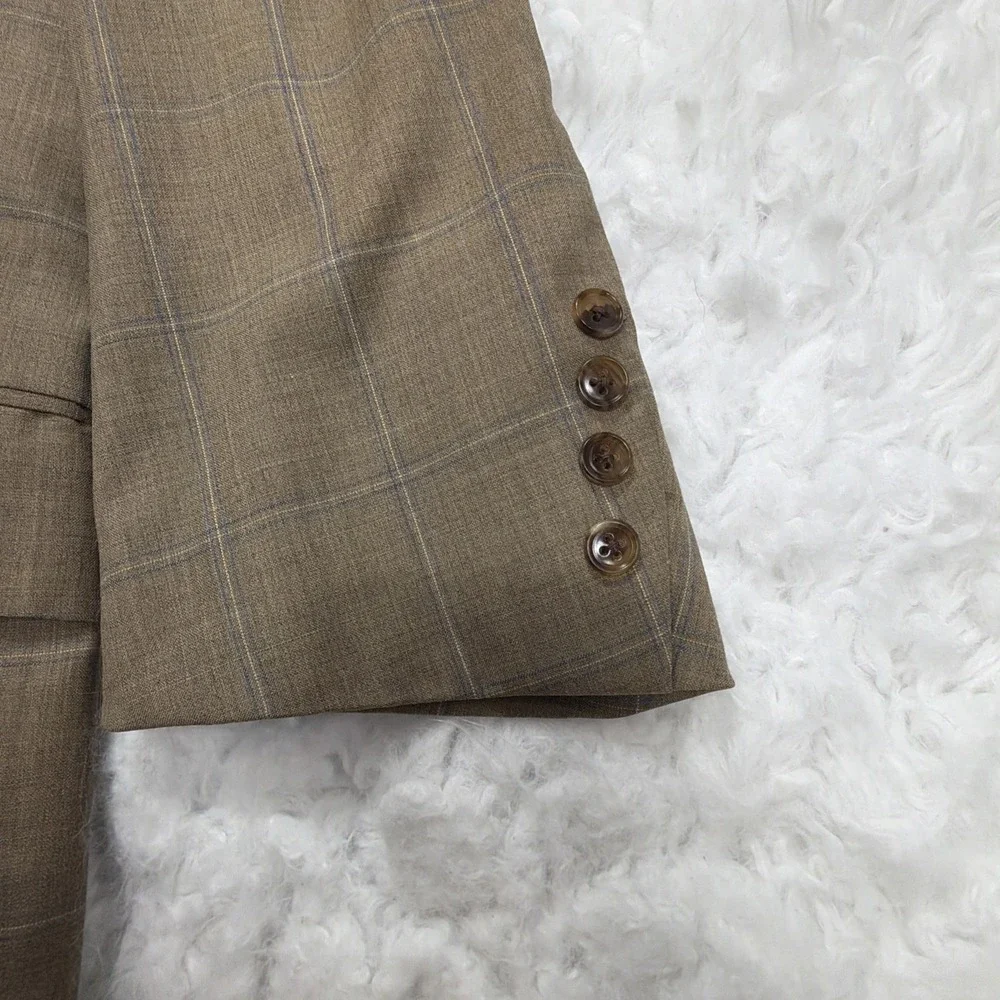 HERMES Mens Sport Coat Blazer Beige Tan Windowpane Checked 42R Wedding Flaws**